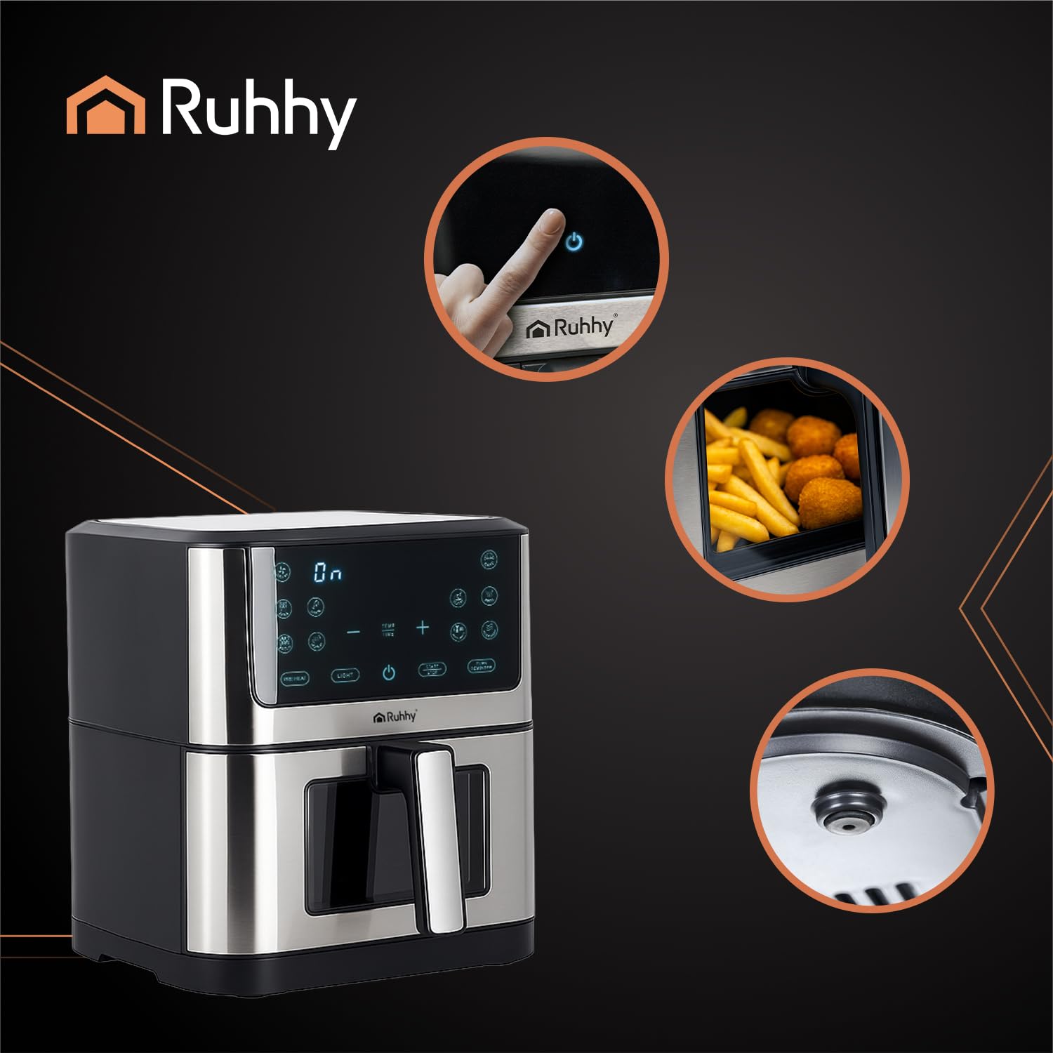 Friggitrice ad aria calda 8L XXL con rivestimento antiaderente – Frittura senza olio – Air Fryer per la famiglia, cucina sana con touchscreen e 10 programmi – RUHHY
