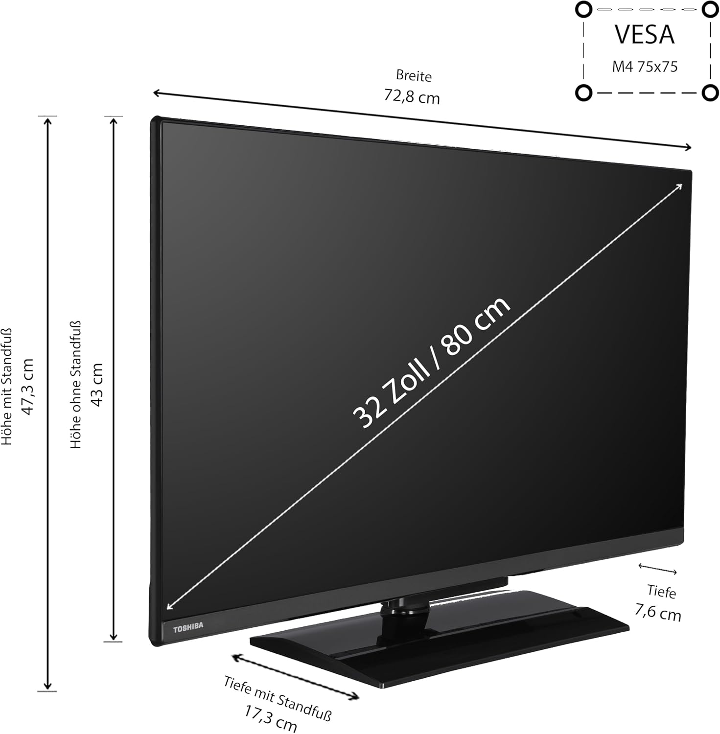 Diagram showing the dimensions of the Toshiba 32-inch TV with and without stand