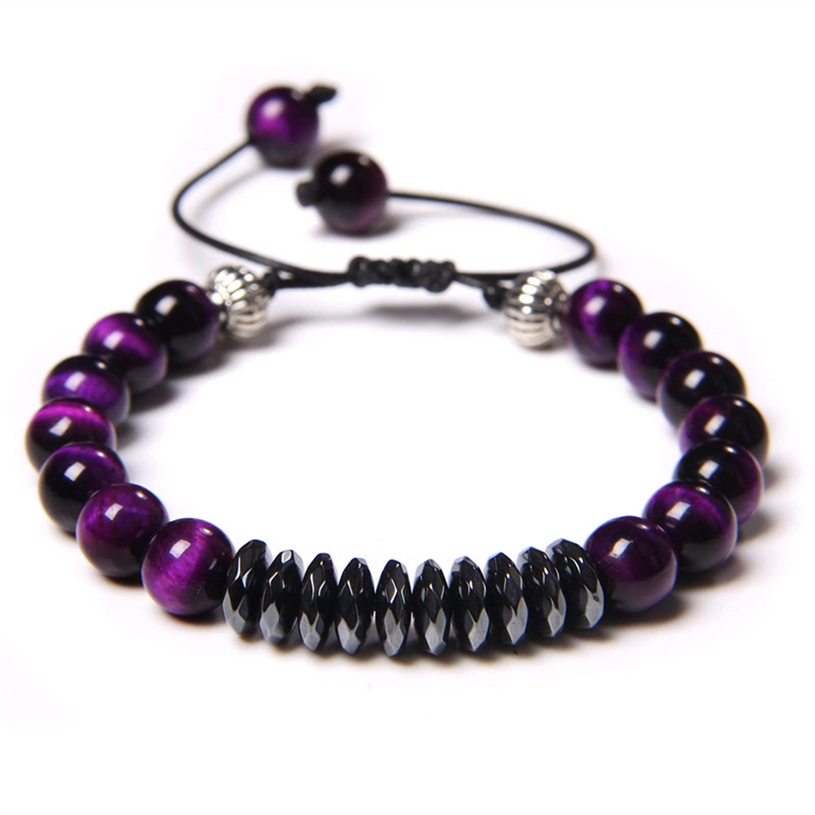 Naturstein-Armband, 8 mm, natürliches Chakra, Tigerauge, Steinperlen, Armbänder, handgefertigt, verstellbar, schwarzes Seil-Armband, Herren, facettiertes Hämatit-Schmuckarmband, Schmuck