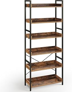 Rolanstar Bookshelf, 6 Tier Bookcase, Industrial Storage Rack with Metal Frame, Free Standing Utility Organizer Shelf Unit for Open Storage,Display and Book Organization in Living Room,Rustic Brown