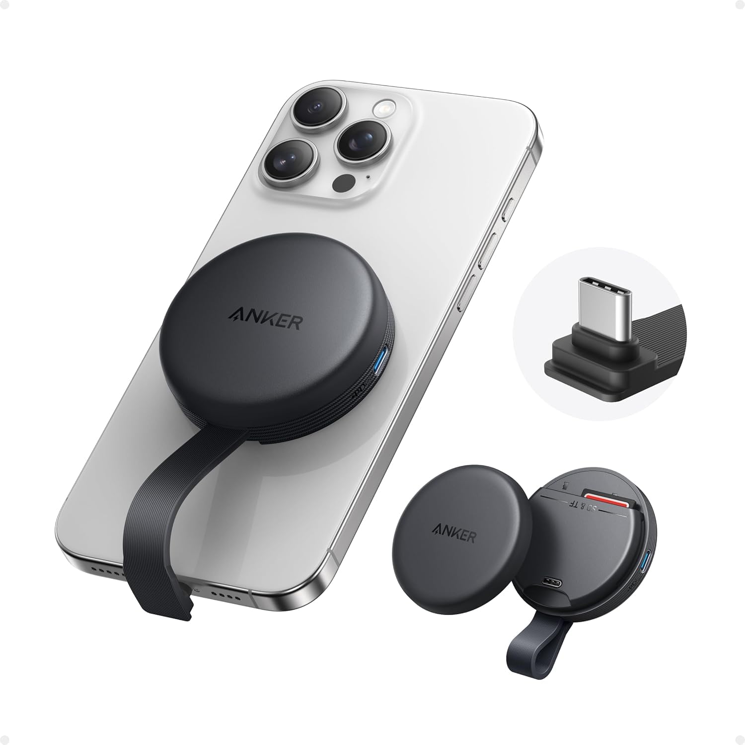 MagGo USB-C Adapter, SD Card Reader for iPhone 15/16 Series, Portable Magnetic Memory Card Reader with Built-in Cable, Slot for SD&TF Card, 312MB/s Max Data Transfer for USB C Devices(Black)