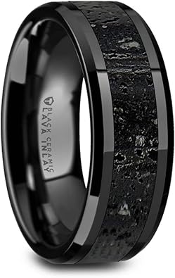 Thorsten Vesuvius Black Ceramic Wedding Band Ring - Lava Rock Inlay