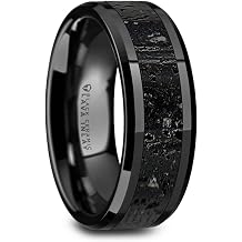 Thorsten VESUVIUS Polished Black Ceramic Wedding Band with Black & Gray Lava Rock Stone Inlay Polished Beveled Edges - 8mm