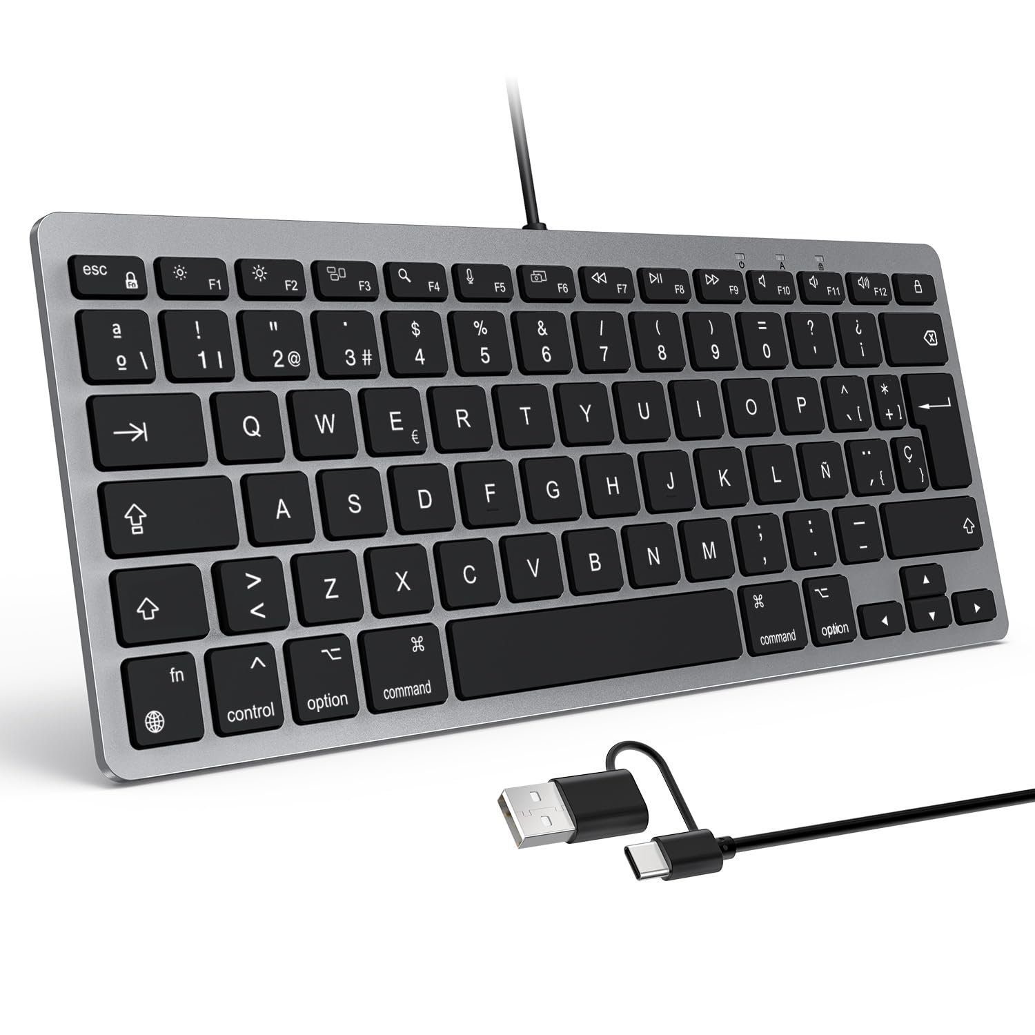 OMOTON Teclado con Cable para Mac, Teclado con conexión Dual (Type C/USB), Teclas silenciosas y conexión Estable, Compatible con Mac, iMac, Mac Mini (Gris)