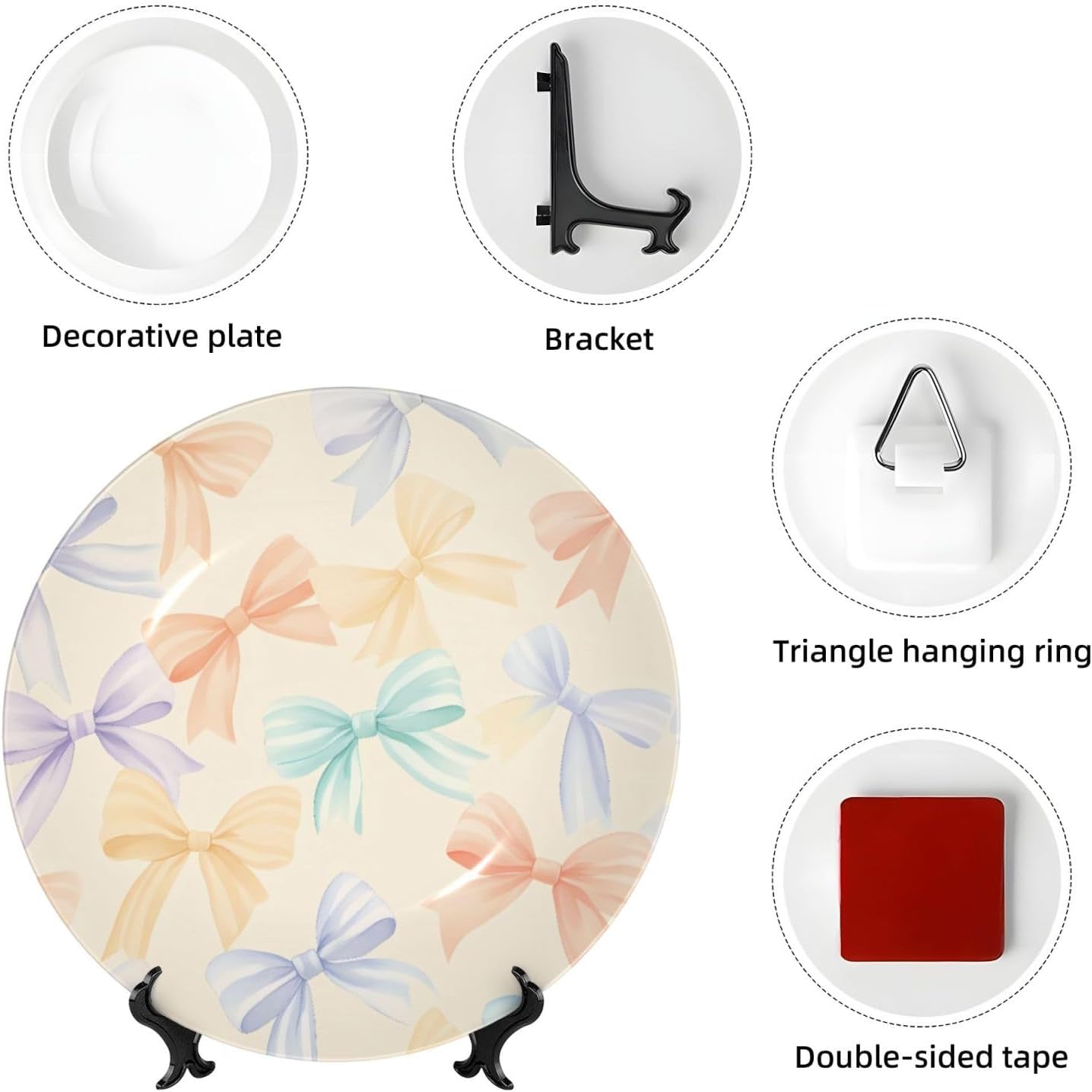 Cute Bows Style Ceramic Plate Display Decorative Plate With Stand Wall Hanging Plate For Home Decor 10 Inch
