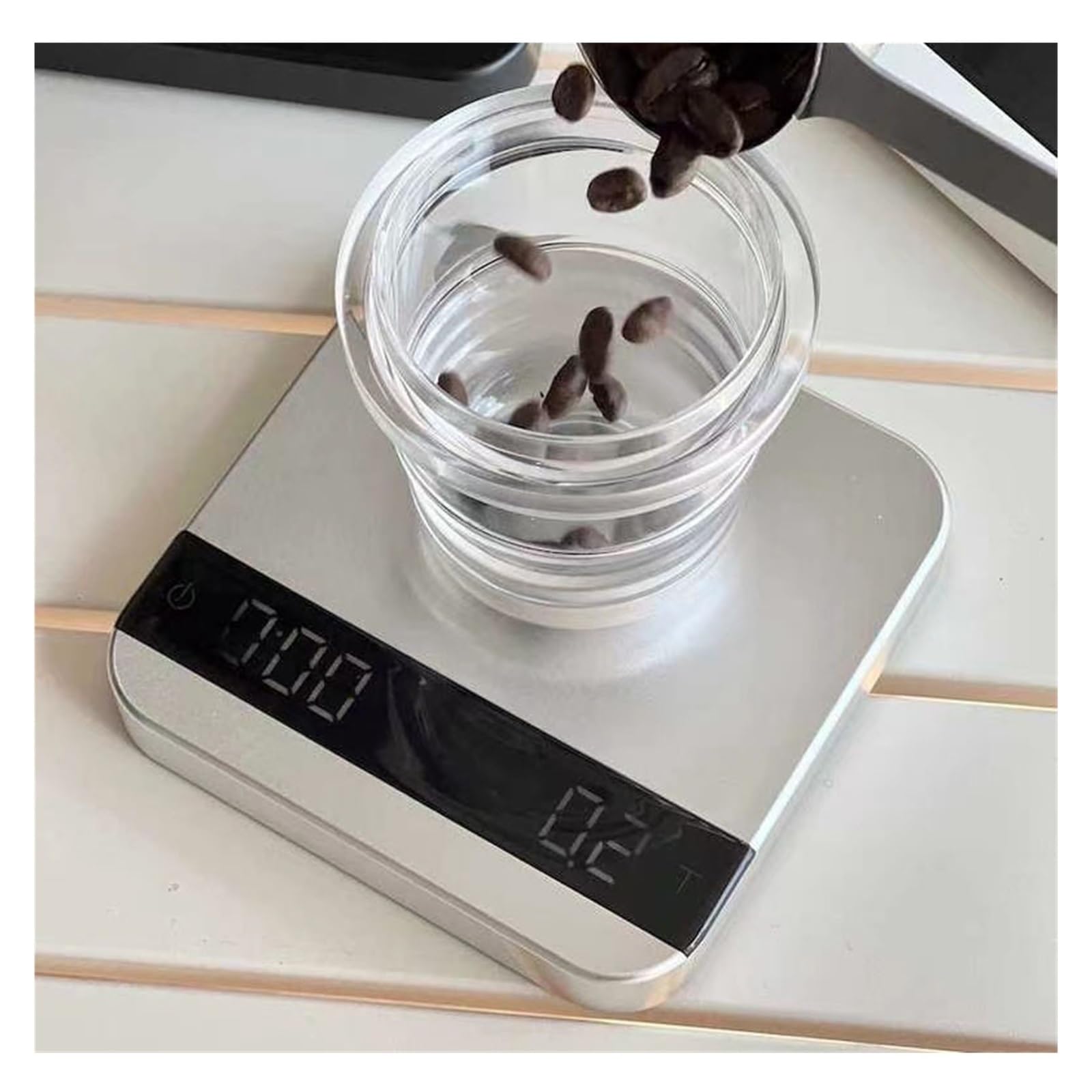 Elektronische Kaffee-Waage, LED, intelligente Küchenwaage mit Zeit, USB, Mini-Multifunktions-Timer, 2 kg/0,1 g (Silber)
