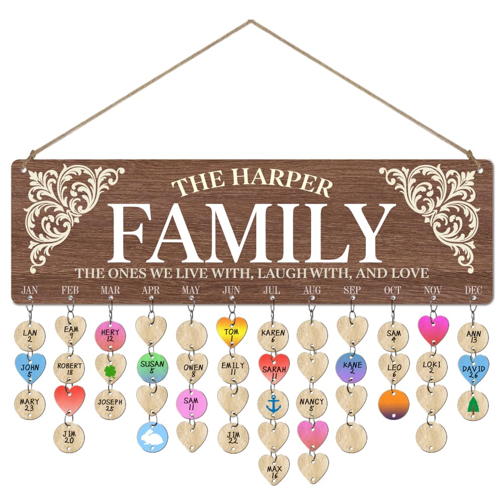 arricraft Wooden Birthday Reminder Calendar, 40x12cm/15.7"x4.7" The Happy Family Birthday Anniversary Reminder Wood Plaque with 100pcs Wood Tags for DIY Birthday Tracker Family Wall Decor