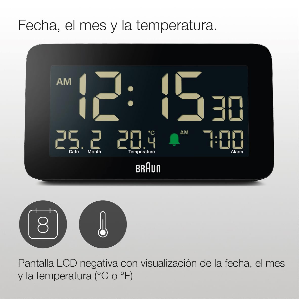Braun Reloj Despertador Digital Fecha, Mes y Temperatura en Pantalla, Pantalla LCD Negativa, Ajuste rápido, Alarma de pitido Crescendo en Negro, Modelo BC10B (1 Paquete)
