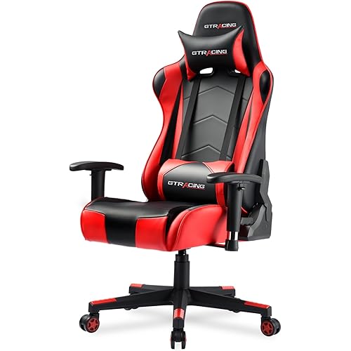 GTRACING Gaming Chair with Reclining Backrest, Adjustable Height and Swivel Base, Ergonomic Computer Chair with Headrest and Lumbar Support (Red)