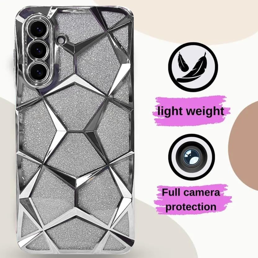 Image of VONZEE Gradient Glitter Case for Samsung A36, Luxury Electroplated 3D Cube, Diamond Bling Shiny Soft TPU Clear Shockproof Women Girls Protective Phone Cover (Silver)
