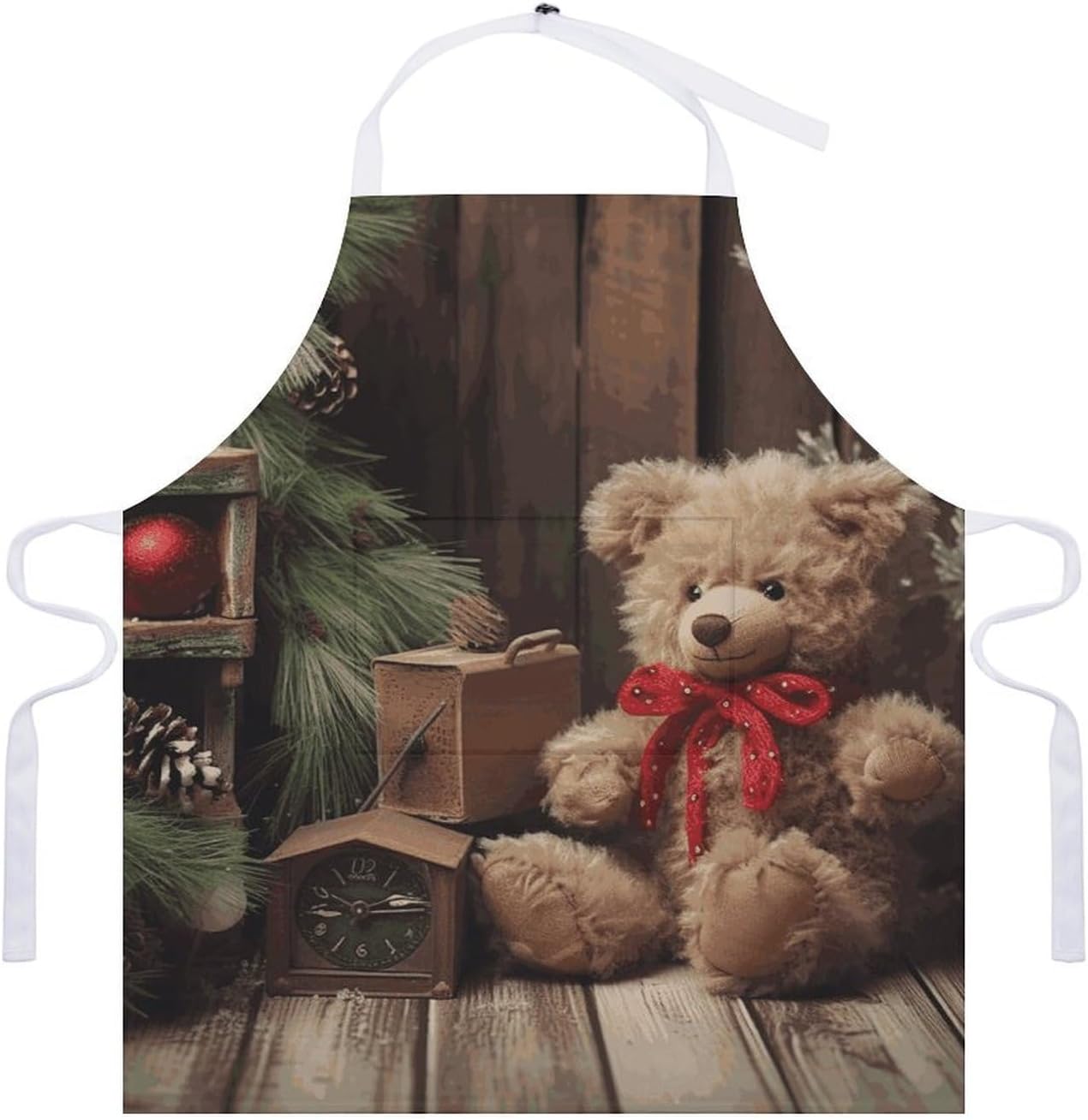 Adjustable Bib Aprons Xmas Tree Branch Bear Doll Kitchen Cooking BBQ Pinafore with Pockets Waterproof for Chef Adult Home Work