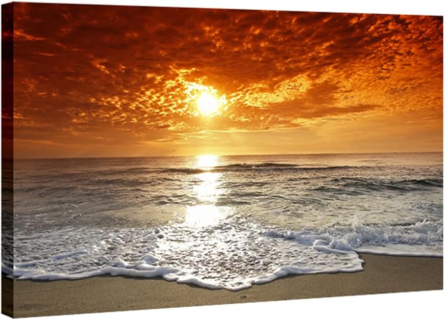 Wieco Art The Sea Canvas Prints Wall Art Sunset Ocean Beach Pictures Photo Paintings for Living Room Bedroom Home Decorations Modern Stretched and Framed Seascape Waves Landscape Giclee Artwork