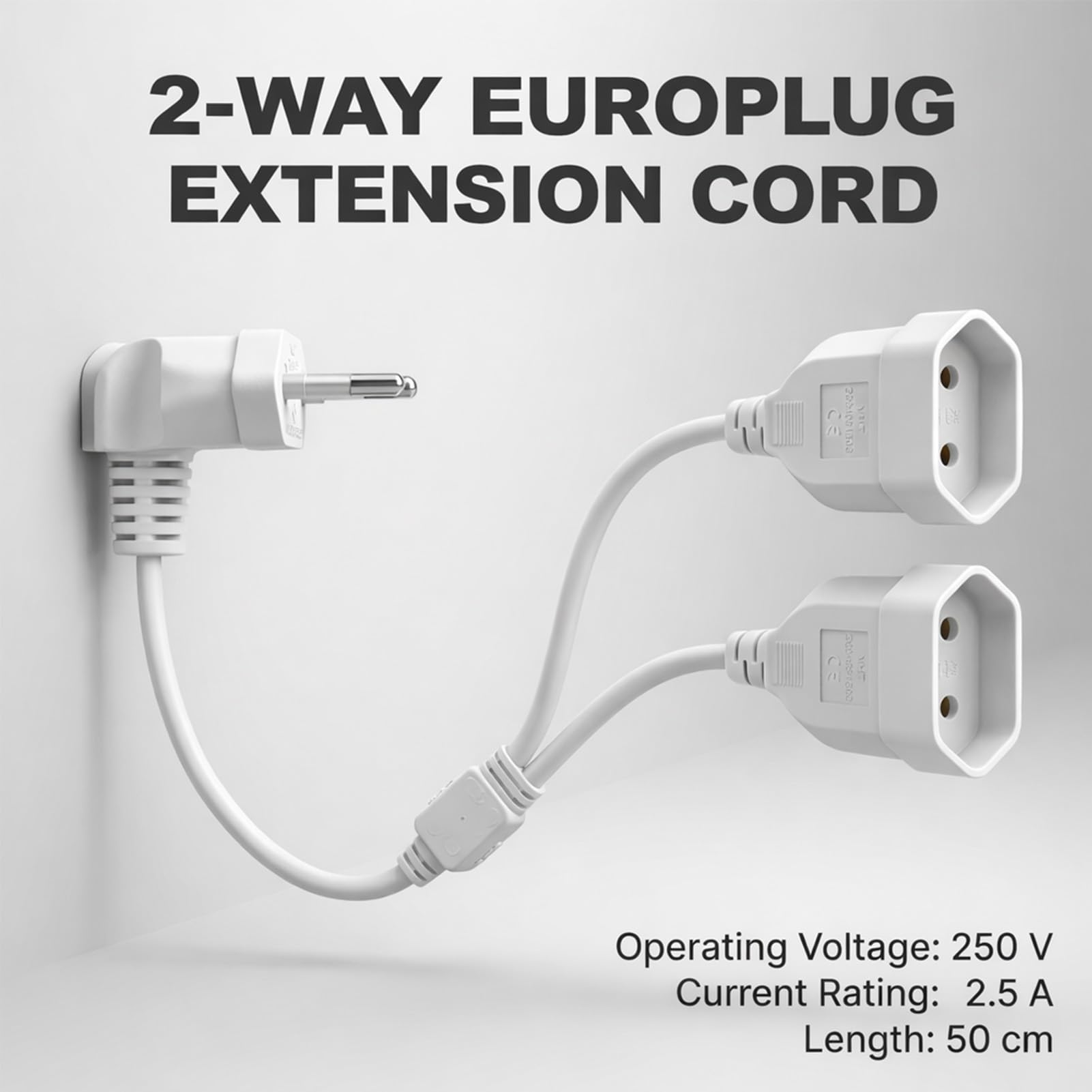 Cable Alargador 2 en 1 con Enchufe Europeo 50CM, Cables Alargadores Europeo de Corriente Acodado 250 V/2,5 A, Alargador Enchufe Plano 2 x 0,75 mm² para Televisores Monitor Consola de Juegos — view 3