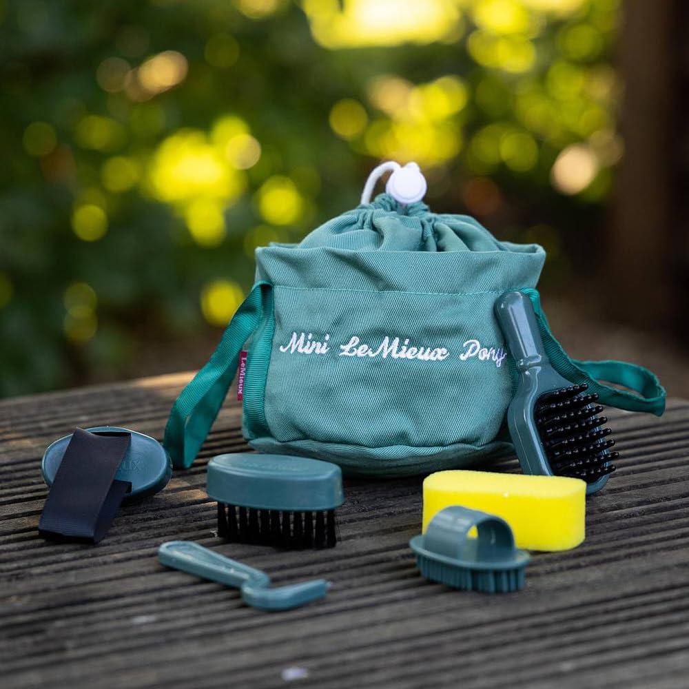 LeMieux Toy Pony Grooming Kit Sage - Includes Brushes, Curry Comb, Sponge, Tangle Tidy & Hoof Pick - Store in Mini Drawstring Grooming Bag - Suitable for Ages 3+