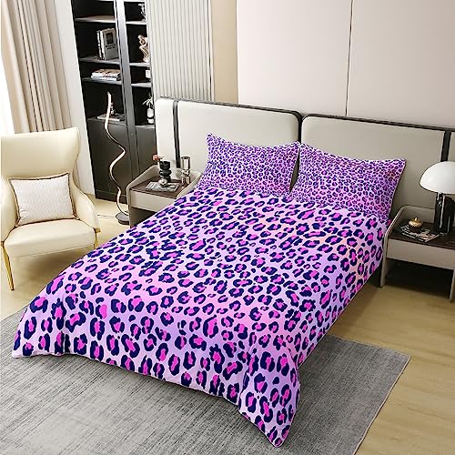 Leopard Print Cotton Duvet Cover Set Double Size Girls Pink Purple Cheetah Print Bedding Set Wild Animal Theme Comforter Cover Set for Girl Teens Bedroom Decor Bedspread Cover ( No Comforter) - Image 3