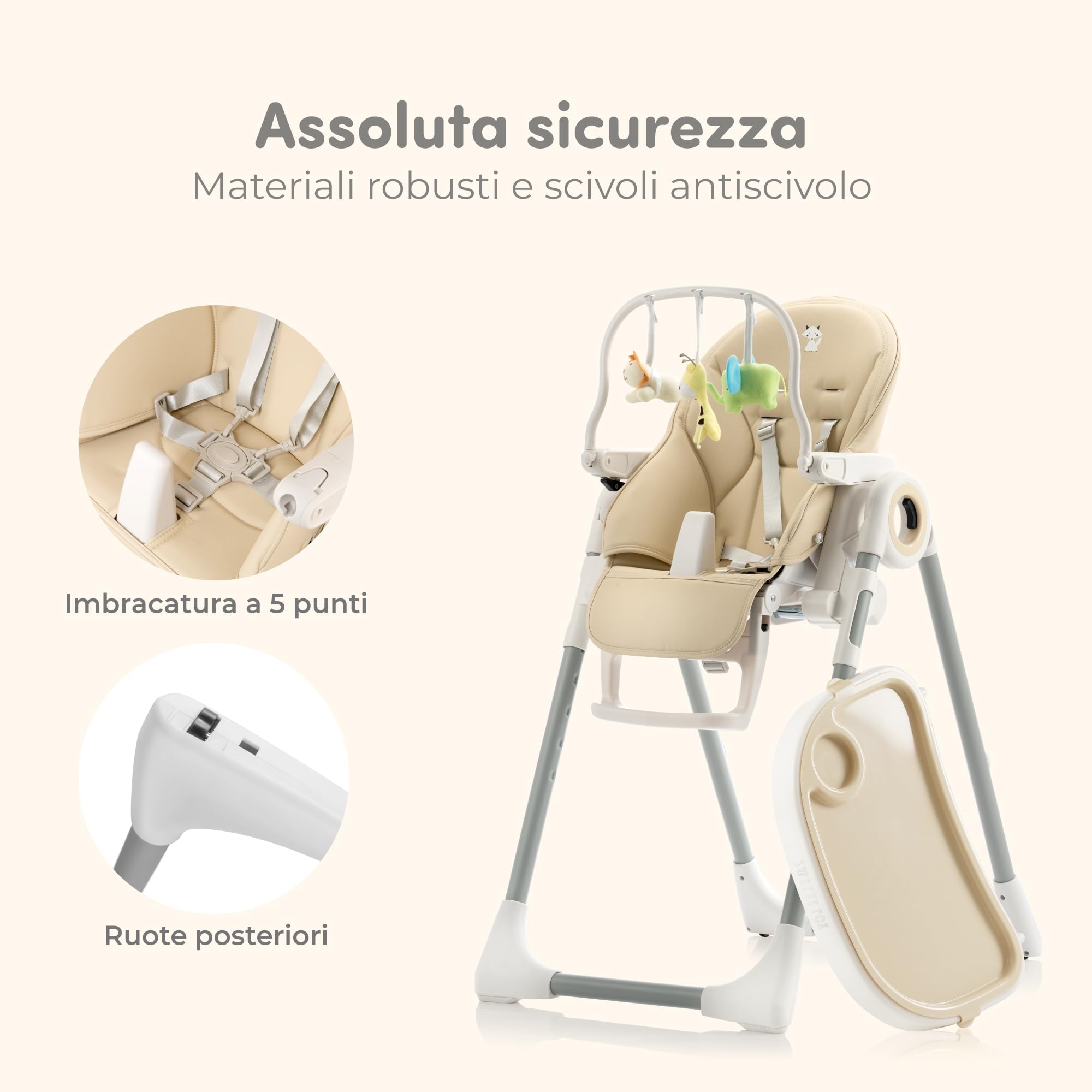 Seggiolone Pappa Regolabile e Pieghevole - 7 Livelli Diverse, Schienale Bambino Pieghevole 5 Posizioni, Ripiano Smontabile, Vassoio a Clip (Facile da Pulire) - Beige