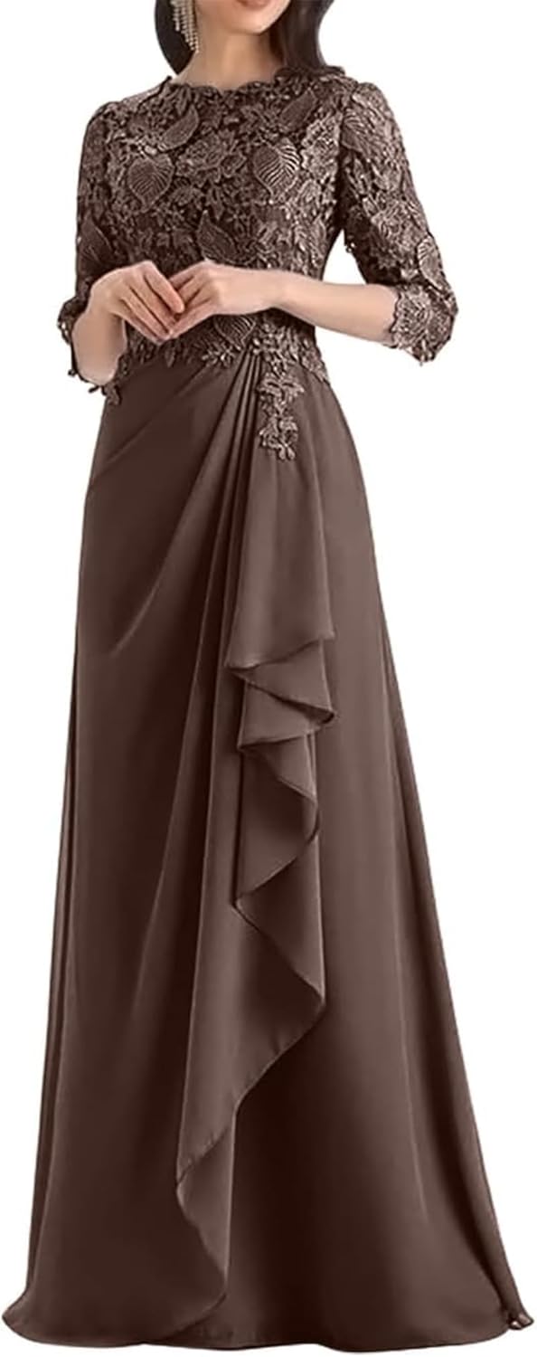 Mother of The Bride Dresses for Women Chiffon Lace Long Formal Dresses with Sleeves Ruched Formal Evening Gowns