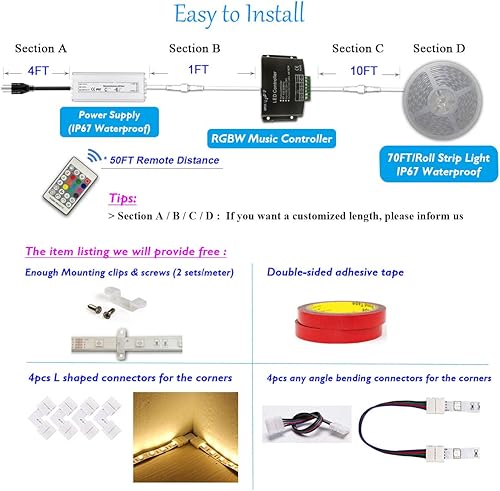 Miniatura 7 de Tira de luz LED RGB+CoolWhite de 60 pies resistente al agua de 24 V 60 LEDsM 5050 RGBW flexible con controlador de detección de música y fuente de