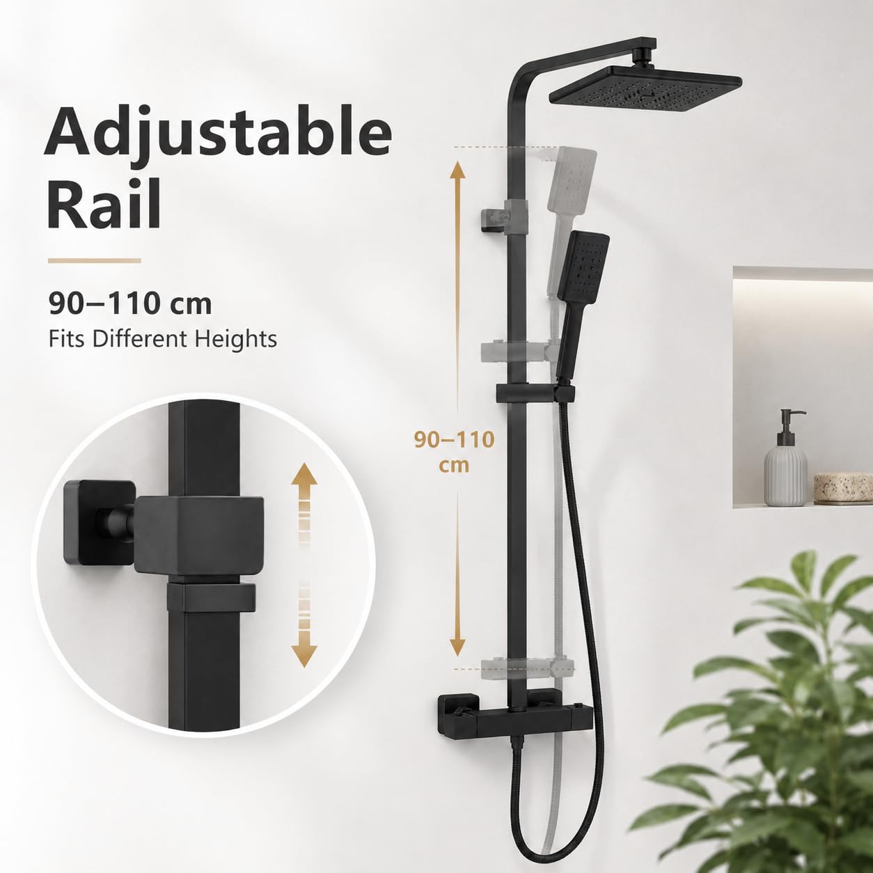 Columna de ducha termostática negra, conjunto de ducha de lluvia con mezclador termostático, ducha de mano y barra ajustable, sistema de ducha de pared para cuarto de baño hotel