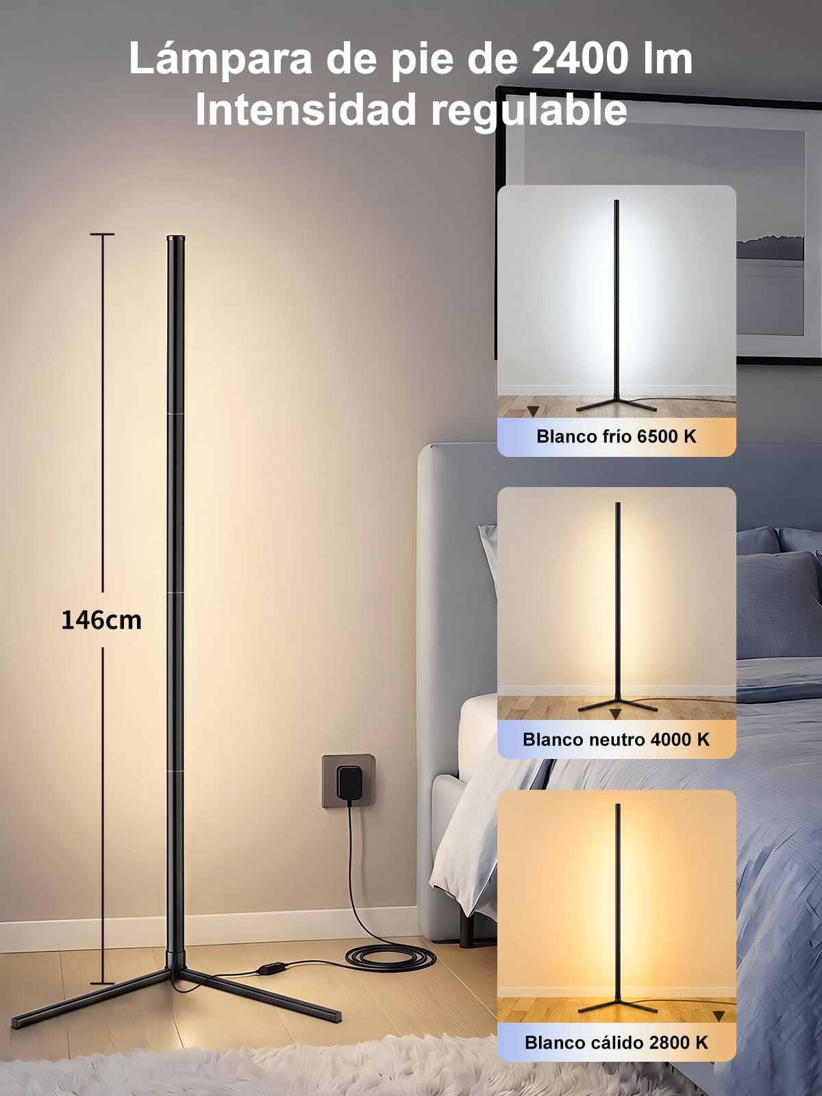 riyo Lámpara de Pie LED RGBIC, 146cm, 2400LM, 168 LEDs, Regulable 2800K-6500K, Sincronización de Música, Smart APP, para Salón, Gaming y Dormitorio,Negro