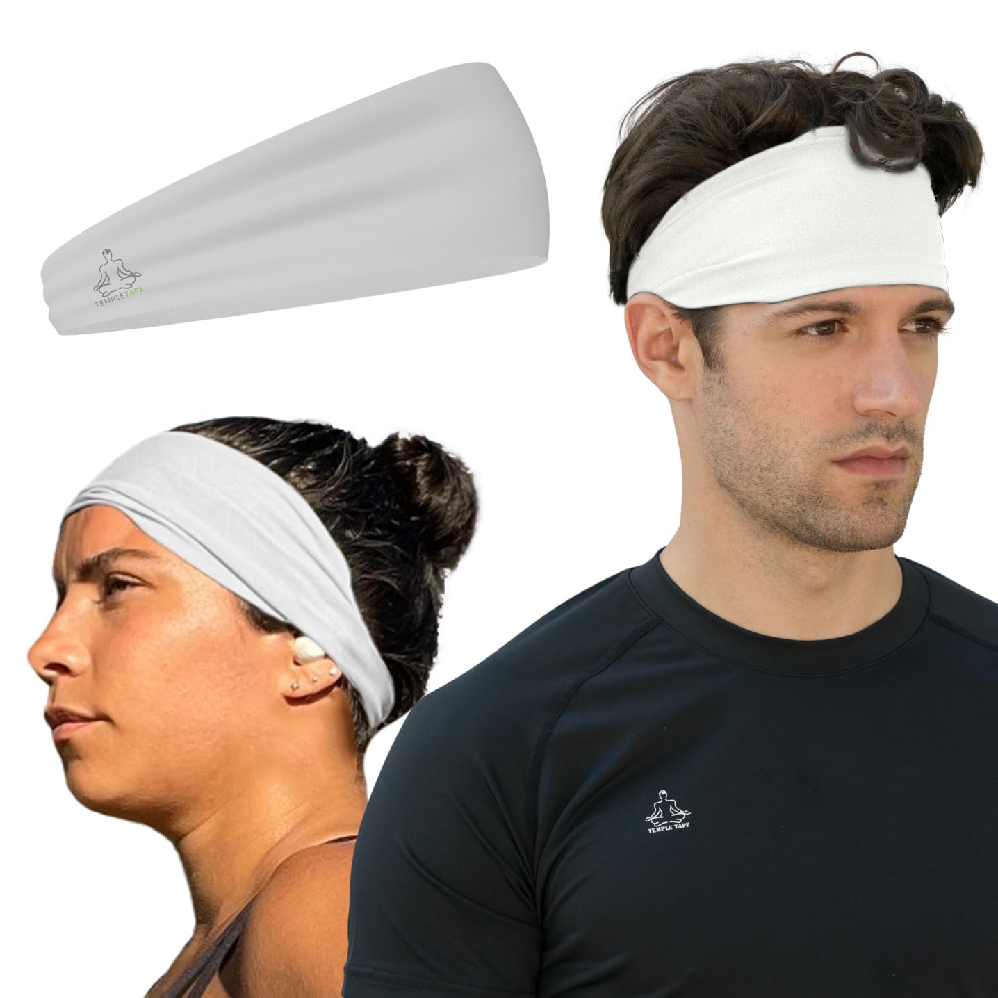 Temple Tape Headbands for Men and Women - Mens Sweatband & Sports Headband Moisture Wicking Workout Sweatbands Running, Crossfit, Yoga Bike Helmet Friendly White-image-41