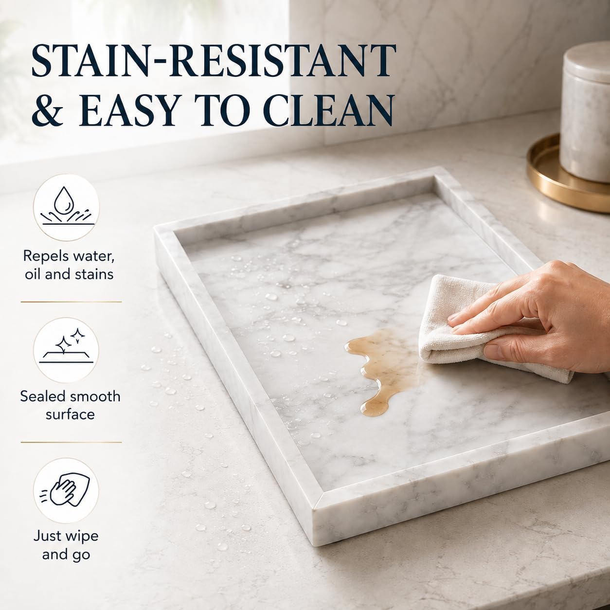 Natural Marble Decorative Tray, 11.8"x7.87" Solid Stone Serving Tray with Raised Border, Versatile Rectangle Organizer for Entryway Key, Coffee Table, Nightstand, Jewelry & Home Accent (White)