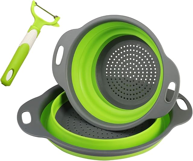 ZHIHUI Collapsible Colander and Strainer Set, 1 pc Sizes 8" - 2 Quart, 1pc 9.5" - 3 Quart Round Strainers and 1pc Sizes 6.4" Stainless Steel Peeler - Perfect for Draining Pasta, Vegetable and Fruit
