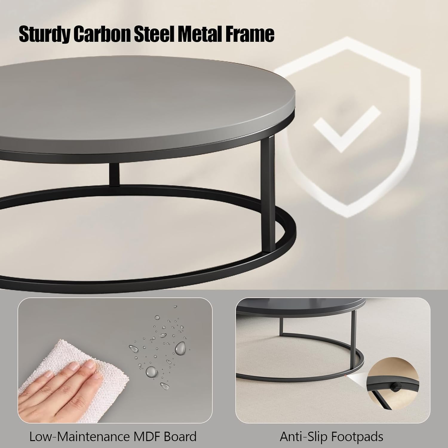 Round Nesting Coffee Table Set of 2, Modern Minimalist Accent Tables for Living Room, Bedroom, Office, Stackable Side Tables (Light & Dark Gray)