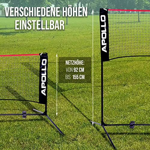 Foto von Apollo Badminton Netz, Volleyball Netz | 300cm | 400cm | 500 cm | Federballnetz 3-Fach-Höhenverstellbar, Set bestehend aus Netz, 3X Federball, stabilem Eisen-Gestell, Transporttasche, Indoor & Outdoor