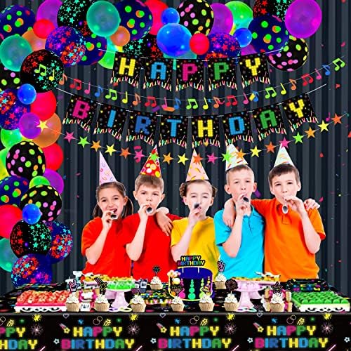 96 PCS Glow Party Supplies Set Glow in the Dark Birthday Banner UV Black Light Reactive Cake Topper Swirls Neon Fluorescent Glow Balloons Neon Stars Musical Note Stars Garlands Neon Party Decorations