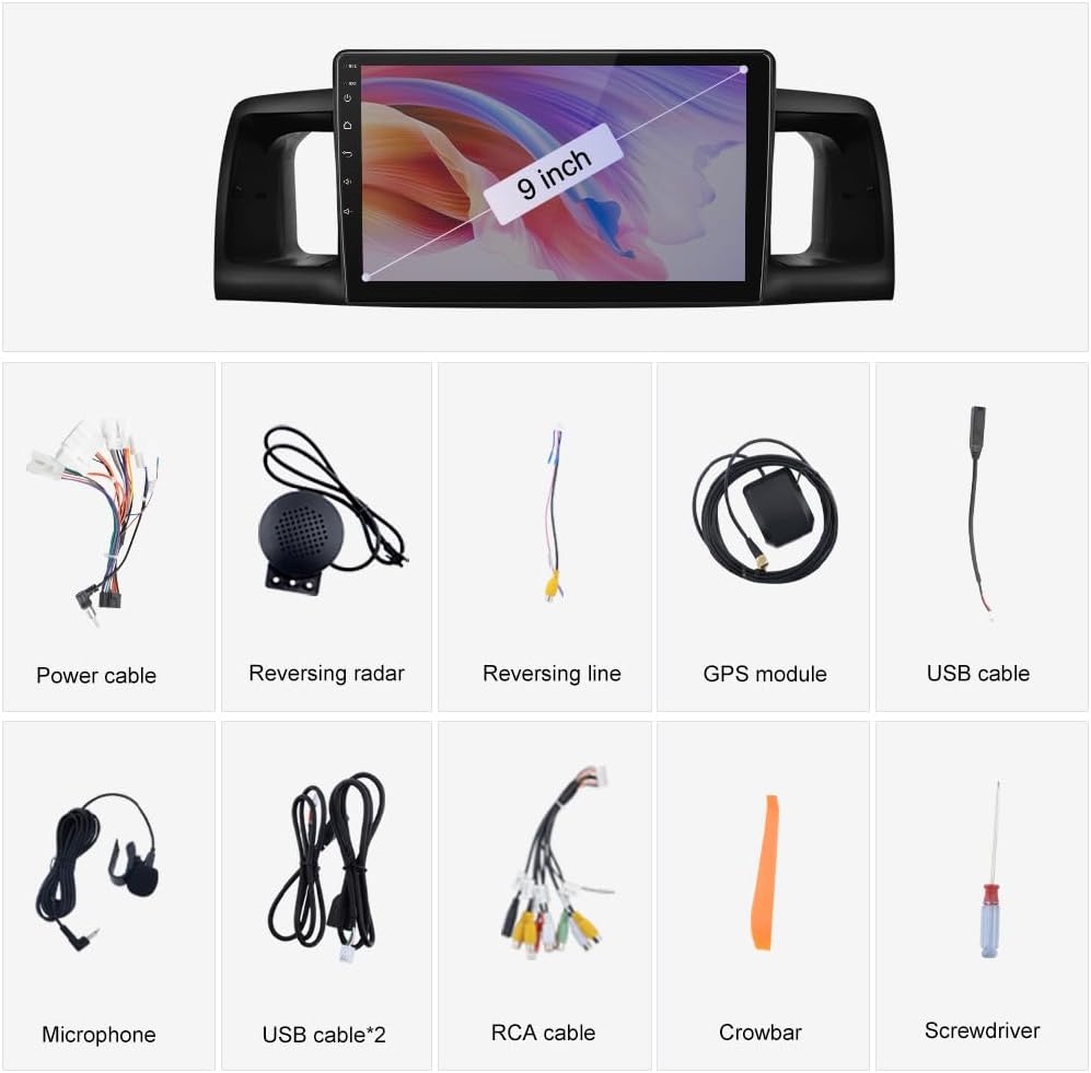 Android 13 Car Radio Stereo for Toyota Corolla EX130 EX120 2000-2004 with Wireless Carplay Android Auto 2G RAM 64G ROM 9 Inch HD Touchscreen with WiFi GPS Bluetooth FM/RDS Radio Backup Camera