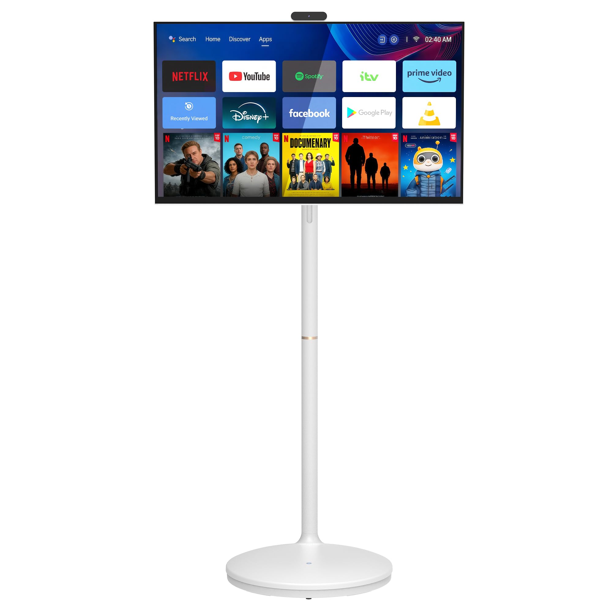 27 Inch Portable TV FHD 1080P Smart Touchscreen Monitor, Android Rolling TV with Detachable Magnetic Camera, 20W Speakers, Rechargeable Battery, Full Swivel Rotation, Built-in Voice Remote