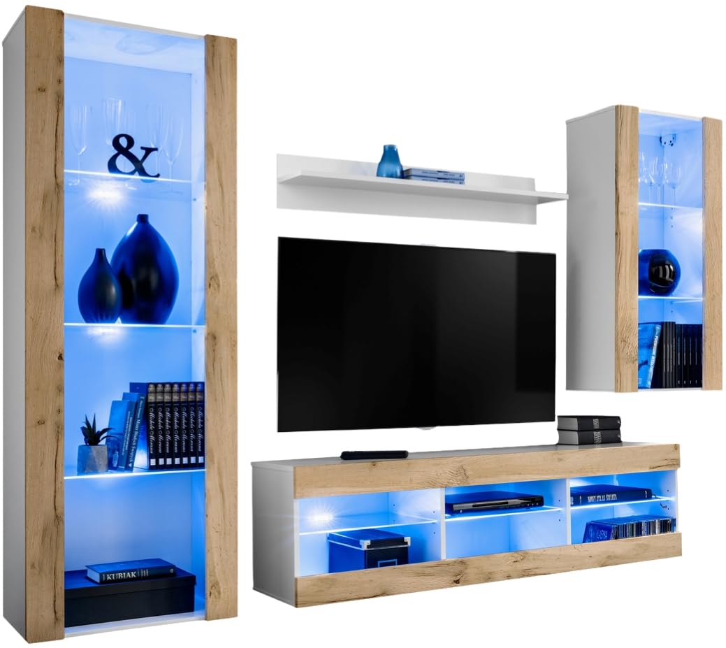 Komodee, Set Di Mobili Porta TV Tivoli Medio RTV, White/Wotan, LED Blu, Larghezza 245 cm x Altezza 159 cm x Profondità 35 cm, Per soggiorno, Camera da letto