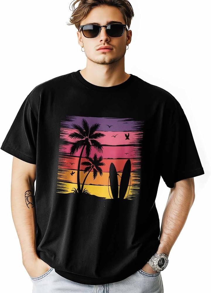 Mens Graphic T-Shirts, Tropical Beach Short Sleeve Crew Neck