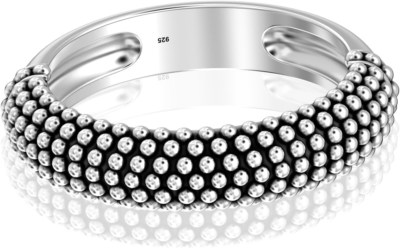 LeCalla 925 Sterling Silver Statement Rings for Women | Antique Caviar Beads Stackable Finger-Ring for Women's
