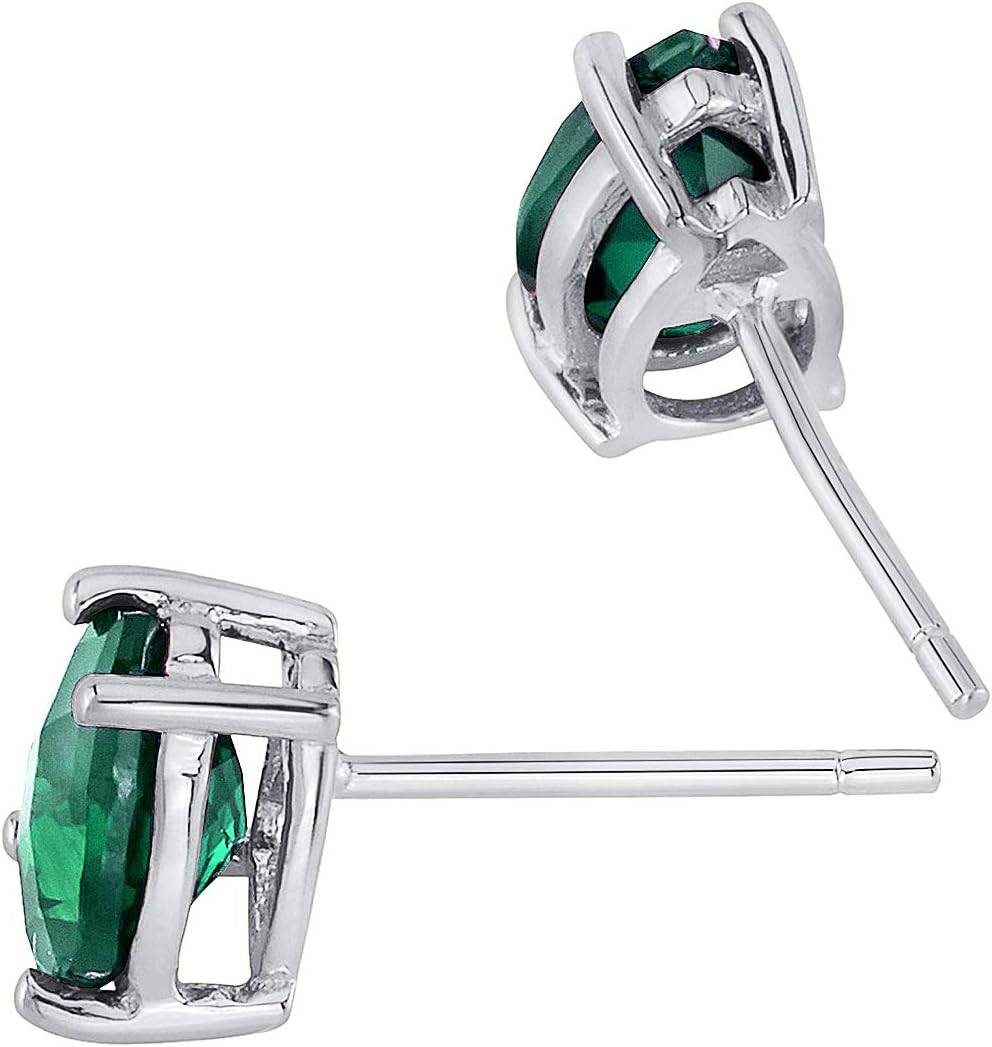 Peora Solid 14K White Gold Created Emerald Earrings for Women, Classic Solitaire Studs, 7x5mm Pear Shape, 1.25 Carats total, Friction Back, Dainty Green Earrings, Emerald Jewelry