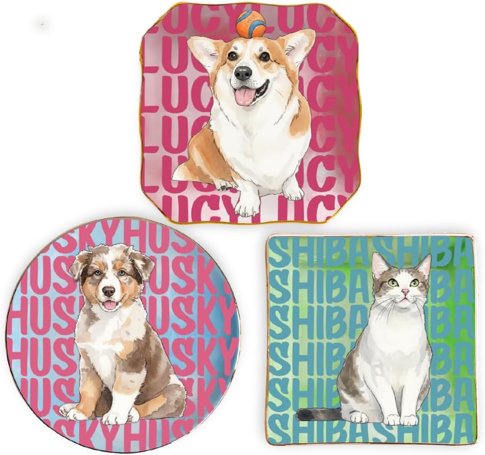 LASFOUR Pet Portrait Jewelry Dish with Custom Photo & Name Gift