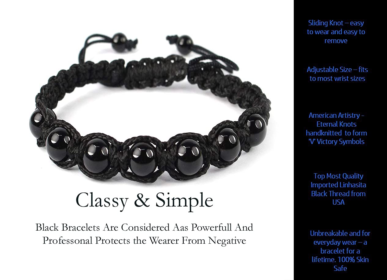 Selvia Black Thread Onyx Bracelet Crystal Stone Round Beads Adjustable Hand Wrist Band Negative Energy Removal Vedic Kala Dhaga with Stylish Lock for Women Men and Child Hand(black Onyx Bracelet) - Image 2 thumbnail