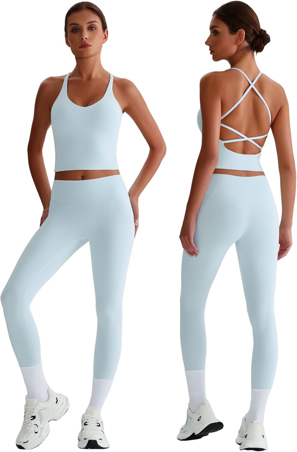 Women 2 Piece Workout Sets Padded Cross Back Crop Tank High Waist Tummy Control Active Leggings Sets Yoga Outfits