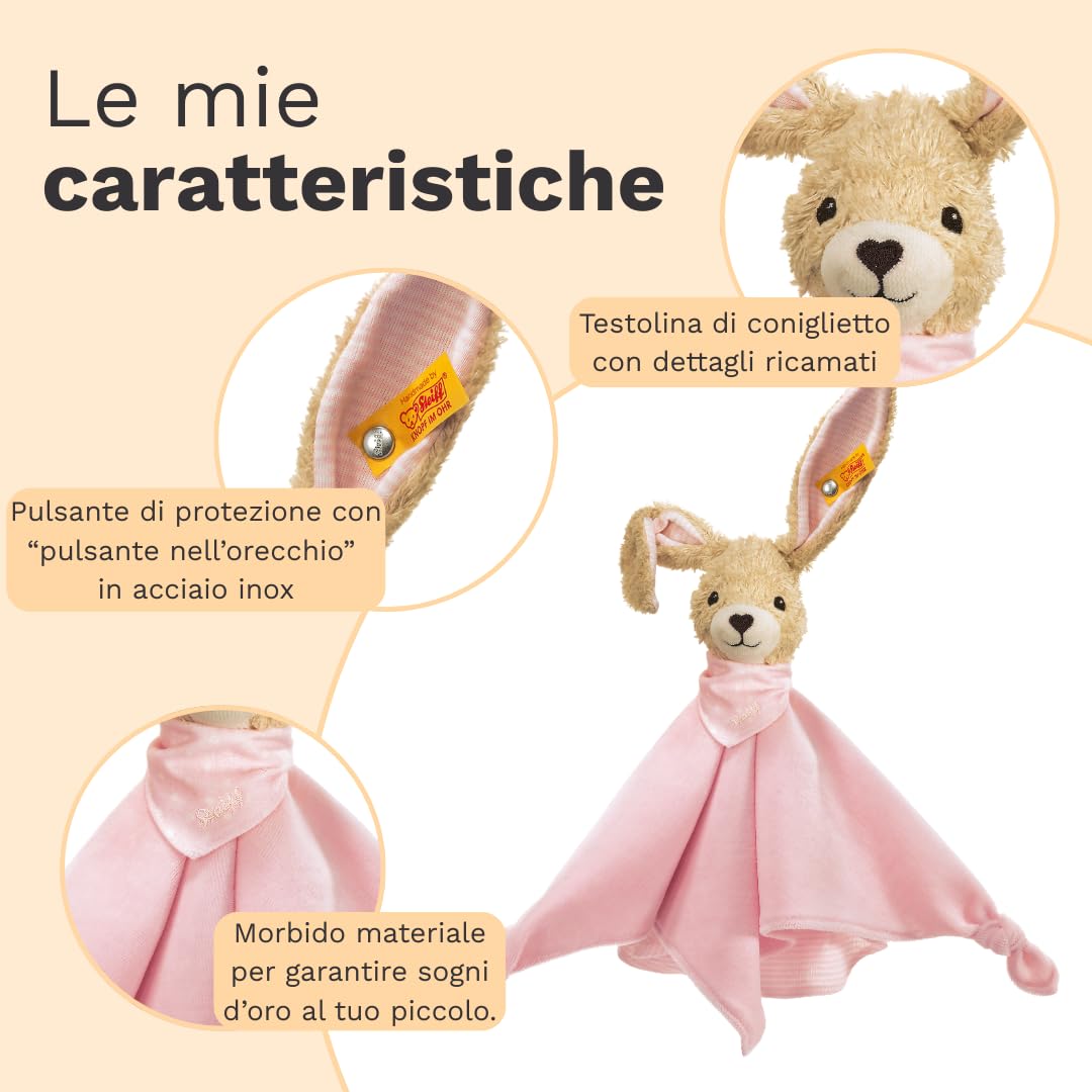 Steiff Peluche Doudou Coniglio Hoppel, dolce animale di stoffa per bambini, bambine e neonati da 0 mesi, gioco di 28 cm, rosa, 237546