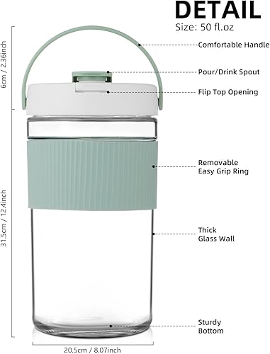 Miniatura 5 de TEBICOO Jarra de vidrio prémium con tapa abatible y boquilla, tarro con asa, hermética a prueba de fugas, perfecta para almacenamiento y transporte