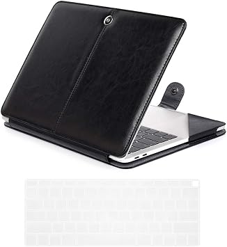 Se7enline Compatible with MacBook Air 13 Inch PU Leather Case Model A1932/A2337/A2179 2018/2019/2020/2021/2022/2023/2024 Sleeve Carrying Cover Folio Case with Transparent Keyboard Cover Skin,Black