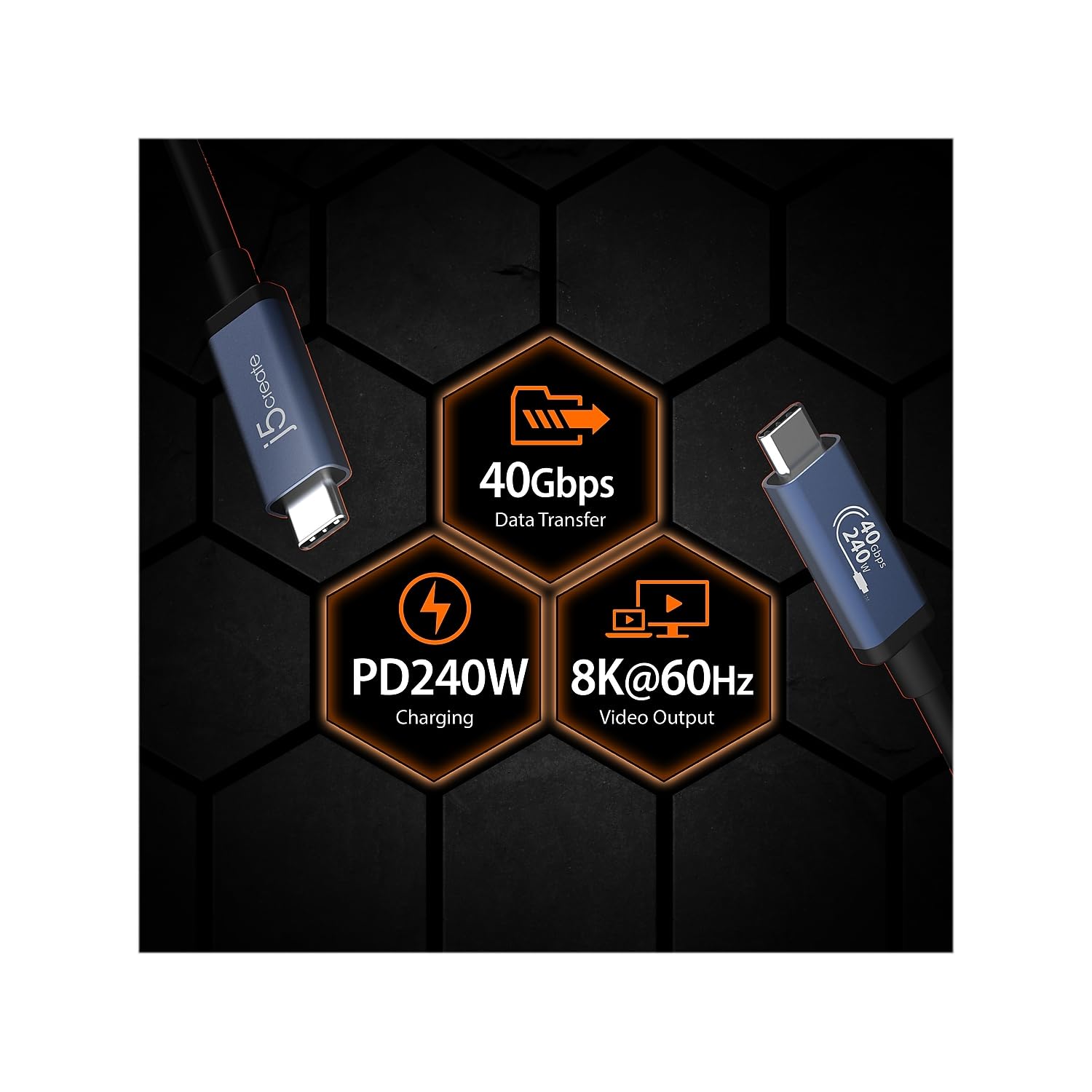 j5create USB 40Gbps 240W USB Type-C Cable, Black/Space Gray, JUC29L08