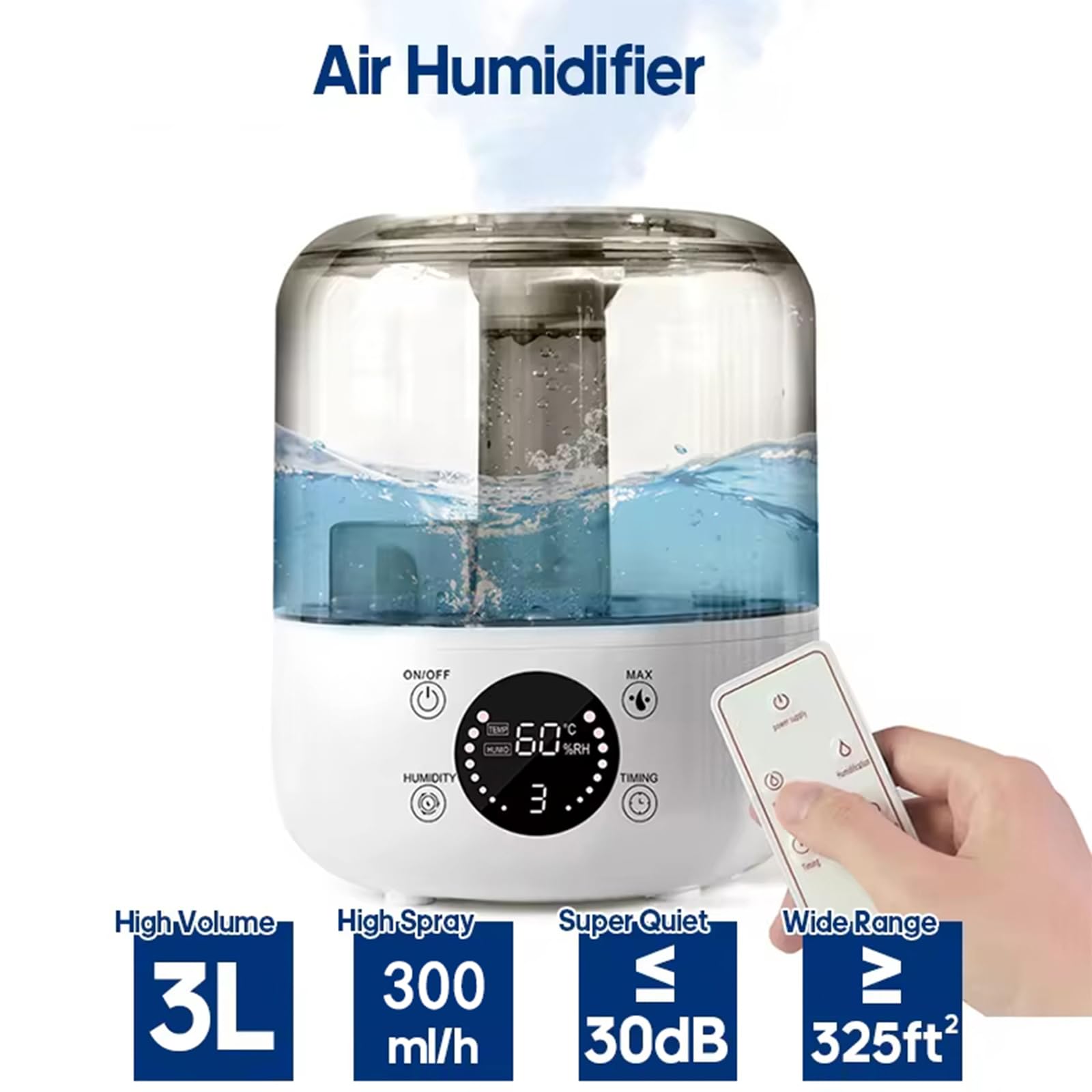 Humidificador para dormitorio, niebla fría ultrasónica de 3 litros con control remoto, difusor de aceite esencial, temporizador de apagado automático de seguridad, boquilla de rotación de 360°, tamaño