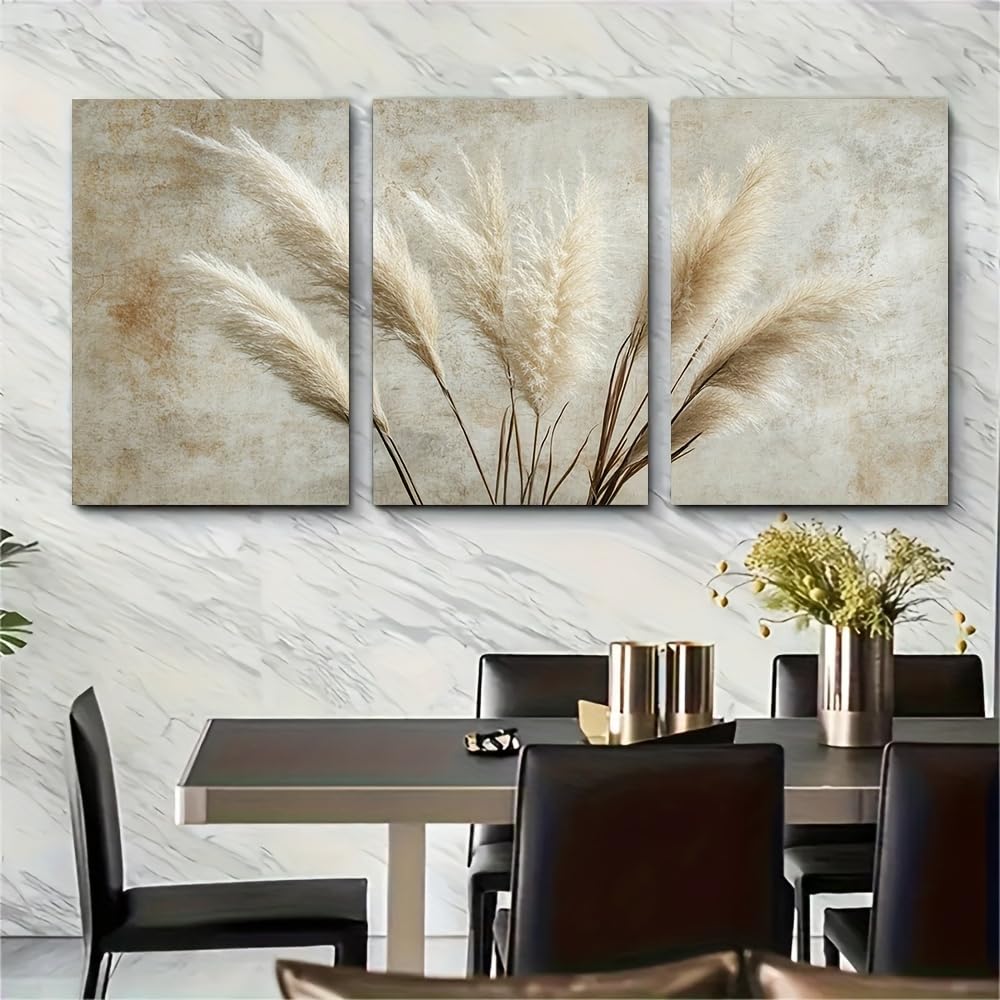 IXEHOH Pampasgras 3 Teilig Leinwandbilder Groß Wandbilder Wohnzimmer Boho Beige Wanddeko Neutral Kunstdrucke Modern Bilder Wand Dekoration Aesthetic Wall Art Posters & Prints 70x100cmx3