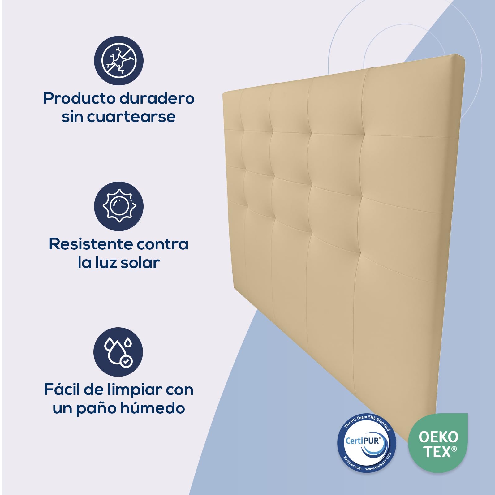 Duérmete Online, Cabecero Modelo Napoli Acolchado, Tapizado en Polipiel de Alta Gama, Medidas: 145 x 120 cm (para Cama de 135 y 140) Beige