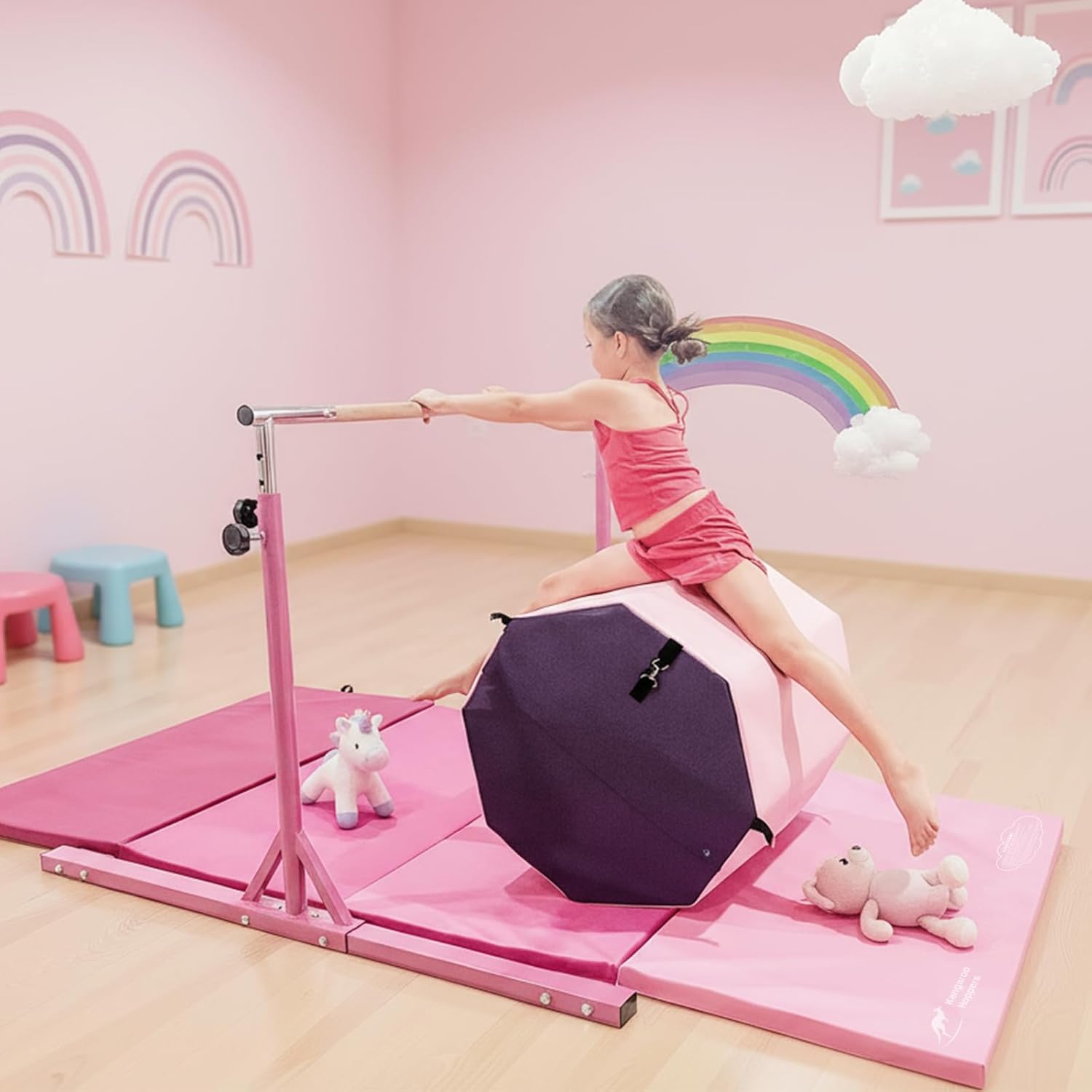 Kangaroo Hoppers Gymnastics Bar Set for Home Gym Exercise, 4×8 FT Gymnastics Mat and Octagon Tumble or Incline Wedge Cheese Mat for Kids Tumbling, Skill Training