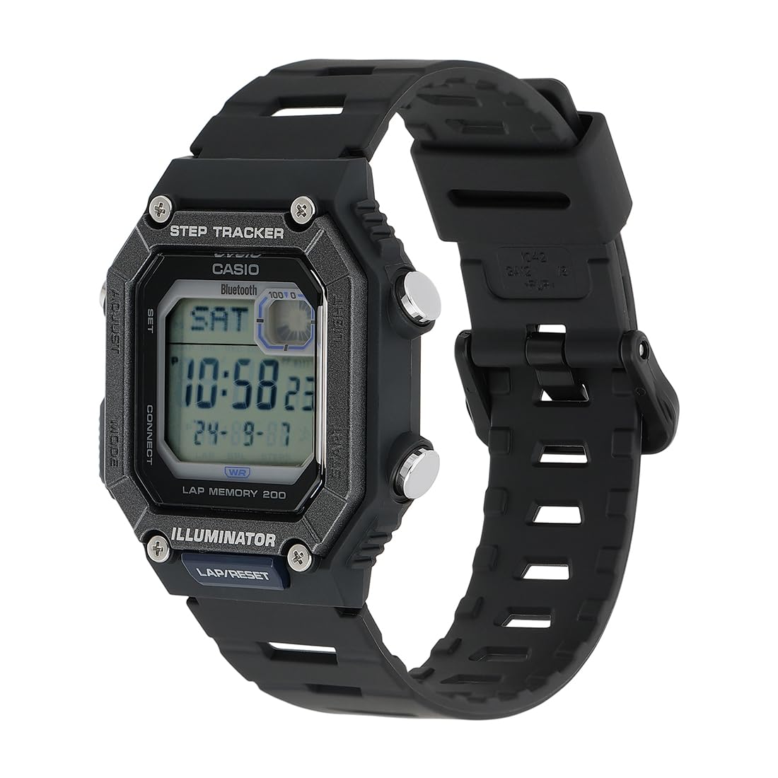 Angled view of Casio WS-B1000-1AVDF watch showing display and buttons.