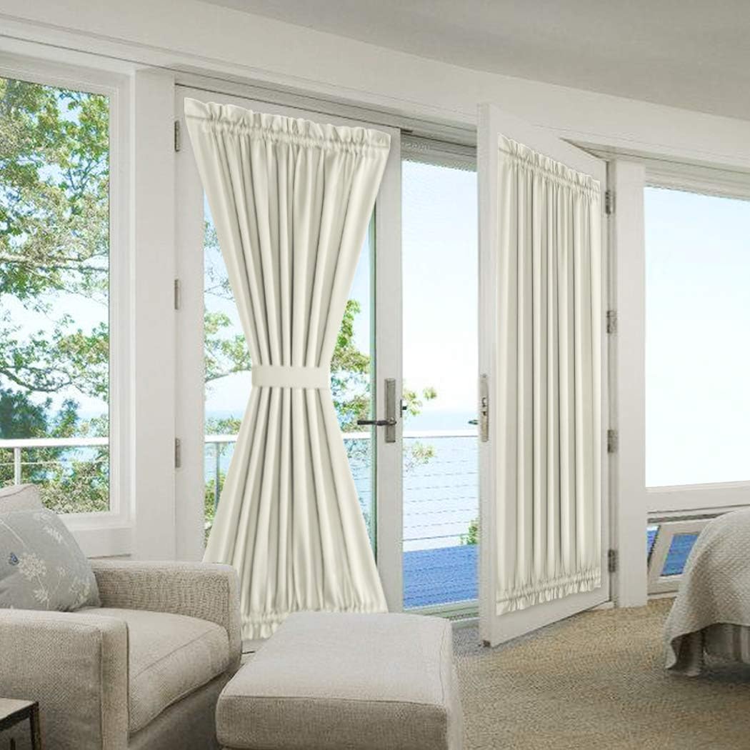 H.VERSAILTEX Thermal Insulated Blackout French Door Curtain Panels 72 inches Long French Door Panel with Bonus Tieback, Ivory, Sold 2 Panels