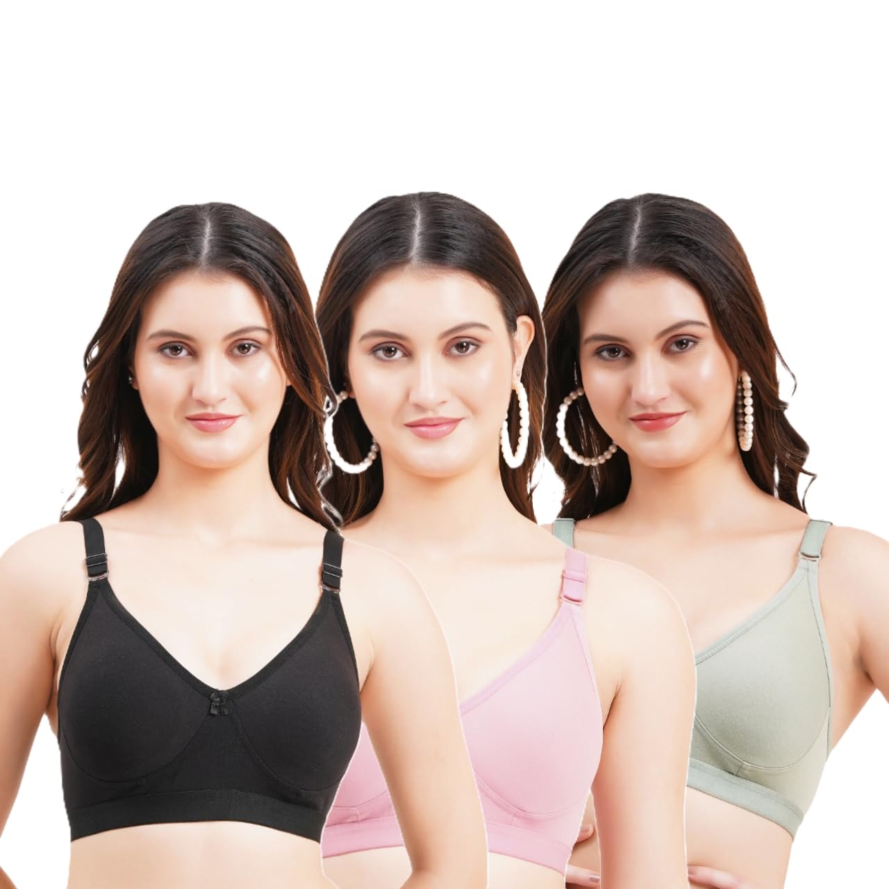 layeba Women's Non-Padded Wireless T-Shirt Bra, Full Coverage, Cotton Blend, Pack of 3, Black, Pink & Green-picture-16